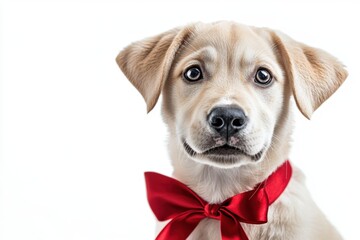 Adorable light-colored puppy wearing a red bowtie, gazing with innocent eyes against a white background