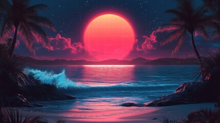 Tropical beach sunset, red sun, ocean waves, palm trees, starry sky, digital art, website banner