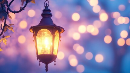 Ornate Ramadan Lantern with Mystical GlowDecorative Lantern with Candle and Bokeh Lights