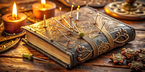 Antique Mystical Book with Candles and Decorative Spices on Wooden Table