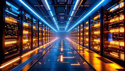 Stunning Data Center Server Room with Neon Lights