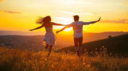Fototapeta premium In a breathtaking landscape, a couple twirls joyfully in a meadow at sunset. The golden light casts a warm glow, highlighting their carefree spirit as wildflowers sway in the gentle breeze