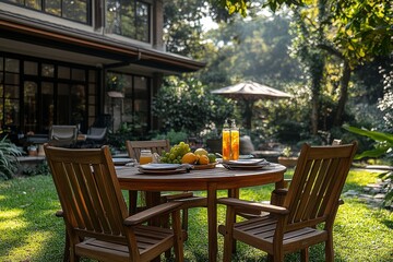 Obraz premium Outdoor dining set with teak chairs and table on grass, fruit and drinks, surrounded by trees in a beautiful garden setting