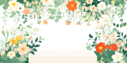 Calming illustration of a flowers and plant frame, white background, copyspace in the middle