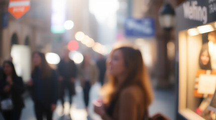 Dreamy City Street Scene Blurred Woman and Golden Hour Glow