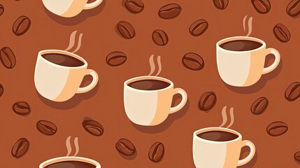 Obraz premium Seamless pattern of minimalist coffee mugs, beans, and steam curls on a warm brown background.