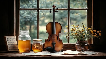 Violin, honey, autumn windowsill still life
