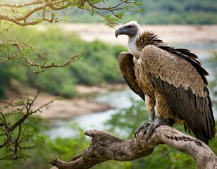 Obraz premium White-backed vulture (Gyps africanus) portrait with a river in the background