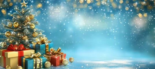 Christmas background with gifts and Christmas tree on blue-gold fuzzy background