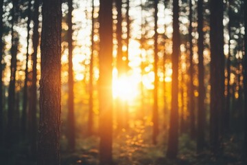 Obraz premium Golden Sunset Light Filtering Through Trees in a Serene Forest with Bokeh