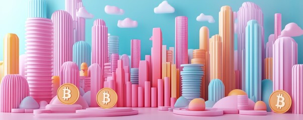 Obraz premium A colorful, stylized cityscape featuring tall pastel skyscrapers and Bitcoin symbols set against a blue background with clouds.