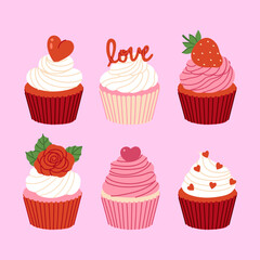 Set of festively decorated Valentine's Day cupcakes. Vector graphics.