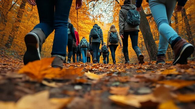 Autumn forest group hike: closeup footsteps on leafcovered path