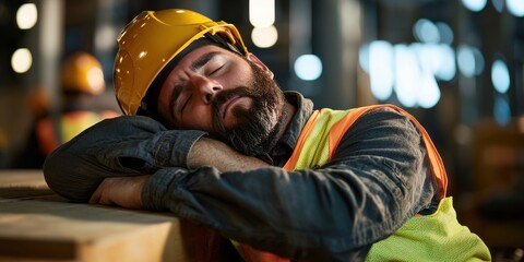 technician sleepy exhaust construction worker concept. A construction worker resting on the job, wearing a hard hat and safety vest in a dimly lit environment.
