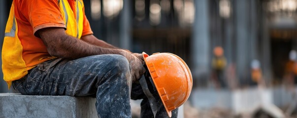 technician sleepy exhaust construction worker concept. Construction worker resting on a concrete block, wearing an orange helmet and safety gear at a job site.
