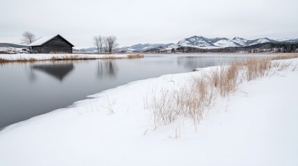 Obraz premium Winter landscape snowy river, cabin reflection, mountains