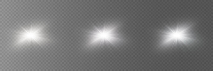 Set of white stars. Light effect of glow and flare, sparkle, glare, explosion, solar flare, sparks and stars.