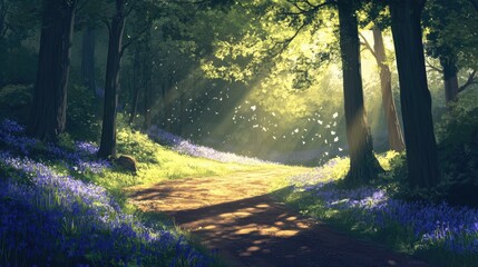Fototapeta premium Sunlight filtering through tall trees, illuminating a path surrounded by bluebells.
