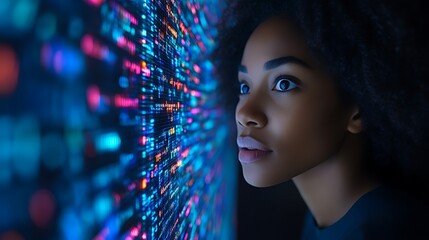 Woman gazing at colorful data stream.