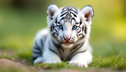 Adorable White Tiger Cub with Blue Eyes in Grass