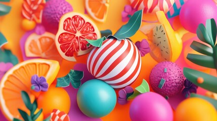 Fototapeta premium Colorful Vibrant 3D Fruits and Decorative Elements on Bright Background