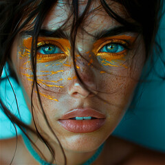 Fototapeta premium Close-up portrait of a young woman with bright blue eyes, golden face paint, and natural freckles