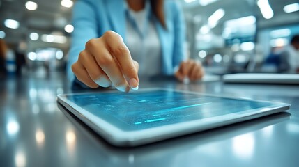 Woman using digital tablet with data.