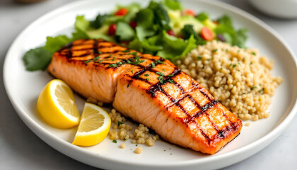 Grilled Salmon with Quinoa and Salad, a Delicious Healthy Meal. Close-up of a plate featuring a perfectly grilled salmon fillet, seasoned and glazed to a beautiful golden-brown with grill marks