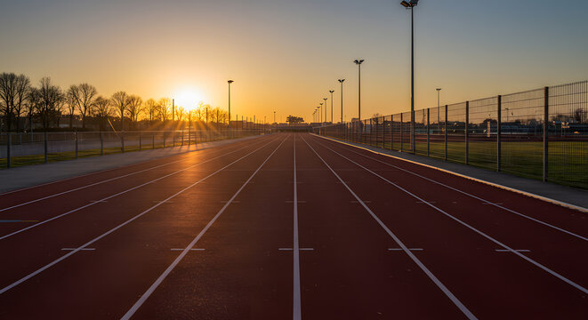 Empty Running Track at Sunset, Perfect for Sport Photos. A long, empty running track at sunset