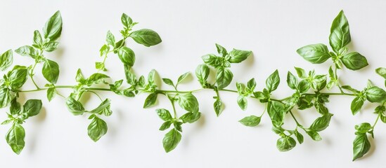Vibrant green fresh Italian basil leaves arranged horizontally on a clean white background highlighting the herb's lush texture and appeal