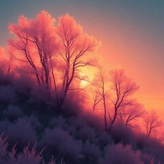 Obraz premium Winter sunset over frosted trees on a cold evening in a serene landscape