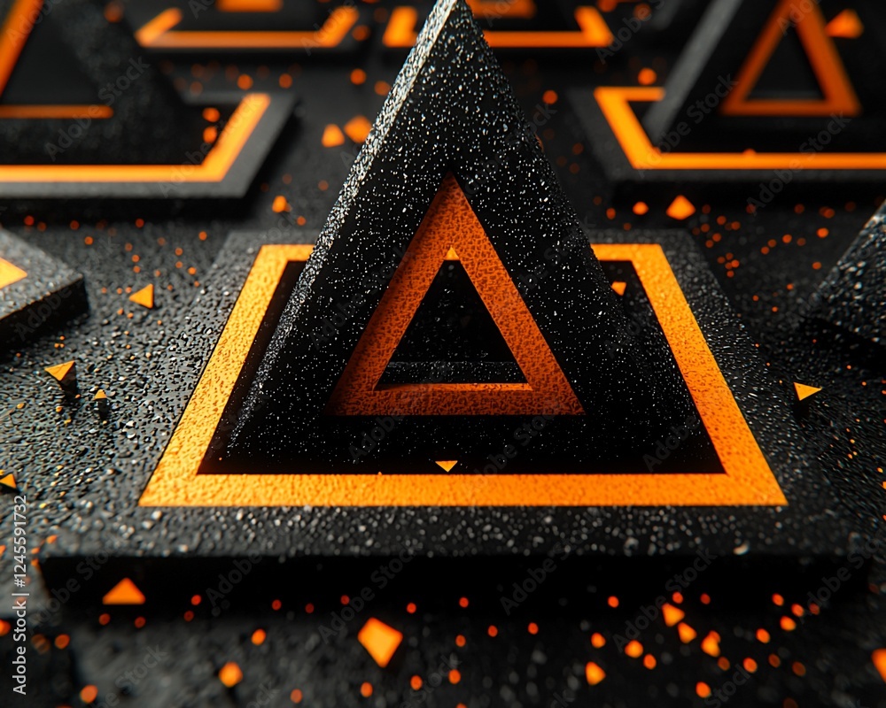 Poster abstract orange and black pyramids, textured surface, 3d rendering, background design