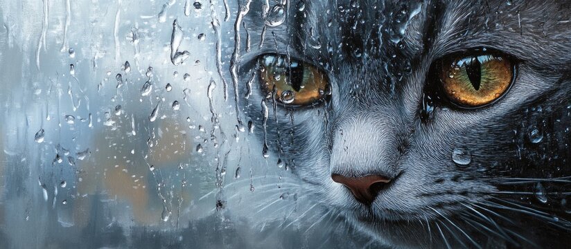 Intense close-up of a gray cat with golden eyes gazing through a rainy window, droplets enhancing the view of the outside world. - Powered by Adobe