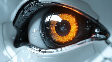 Robotic eye glowing orange, close-up, futuristic background, sci-fi concept