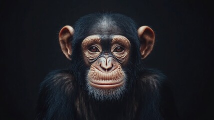 A close-up portrait of a chimpanzee against a dark background.