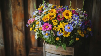 Vibrant Wildflower Bouquet In Rustic Wooden Crate