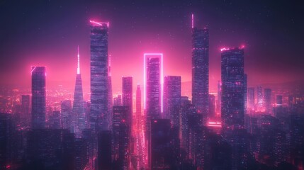 Obraz premium Pink neon cityscape, futuristic skyline, night, advertisement