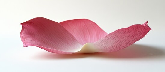Delicate pink lotus petal gracefully positioned on a pristine white background showcasing its elegant curves and vibrant color contrast.