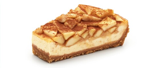 Cinnamon apple cheesecake slice displayed on a white background highlighting its creamy layers and sprinkled cinnamon topping with diced apples.