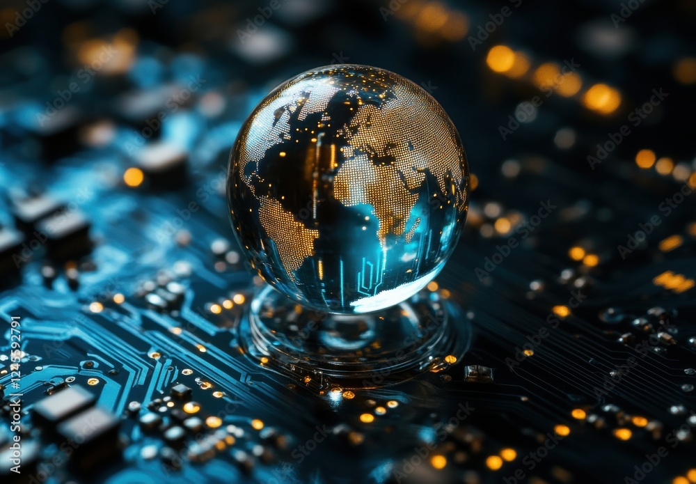 Poster 3d render of a transparent globe showing world map on a circuit board design with glowing lights and