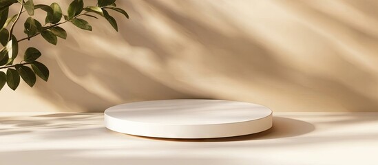 Elegant white round podium on a soft beige surface illuminated by morning light, showcasing minimalist design with subtle shadows and greenery.