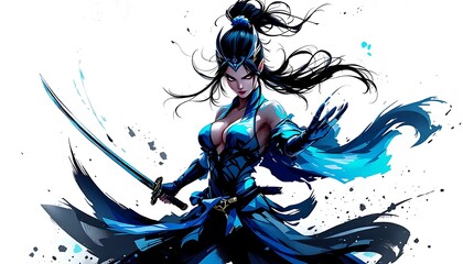 Stunning Blue Warrior Woman Anime Art Digital Painting