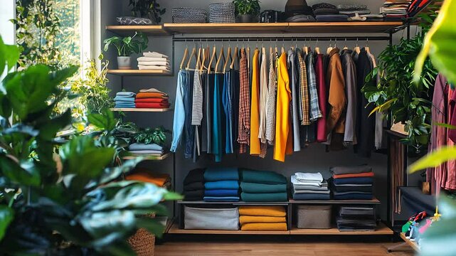 A serene room filled with lush greenery showcases an organized wardrobe. Colorful clothes hang neatly on wooden racks, reflecting a mindful approach to fashion and sustainability.