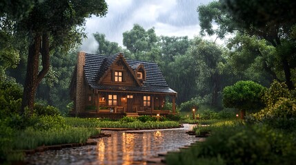 Obraz premium Cozy wooden cabin nestled in a tranquil forested landscape with a reflection of the house shimmering in the still waters of a serene pond The cabin is surrounded by lush greenery and towering trees