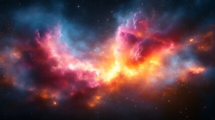 Vibrant nebula with red, orange, and blue hues.