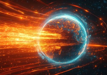 Obraz premium A Glowing Earth Surrounded by Bright Trails of Light in a Cosmic Scene Showcasing Energy Flow and Digital Transformation in Outer Space