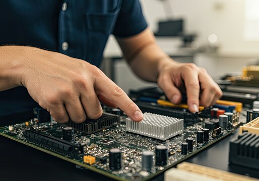 closeup of male technician pointing at motherboard
