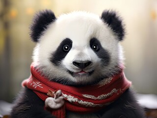Fototapeta premium the AI Image Generator, Adorable Panda Wearing Scarf Amidst Bamboo