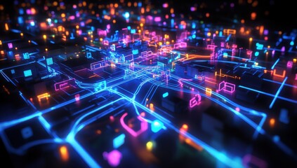 Obraz premium A Vibrant Neon Cityscape with Connected Data Lines and Points Illustrating the Concept of Smart Urban Development and Advanced Technology Integration