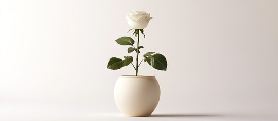 Elegant white rosebud in a classic ceramic pot centered against a soft white background with green leaves creating a serene minimalist atmosphere